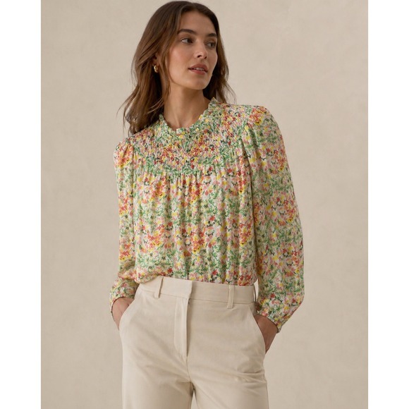 LOFT Tops - LOFT Floral Smocked High Neck Blouse XS NWT Pink Yellow Green Long Sleeve Top